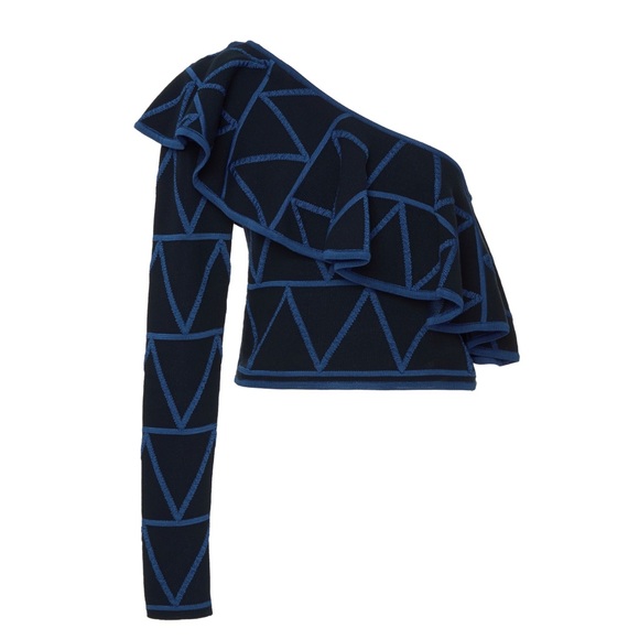 Pepa Pombo One Shoulder Black Blue Ruffle Top - Picture 3 of 8